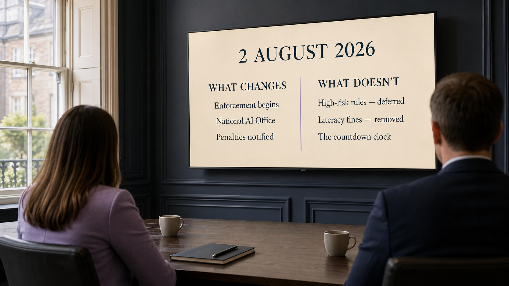 Two professionals in an elegant Georgian meeting room studying a wall-mounted screen headed 2 August 2026, with two columns: what changes, enforcement begins, National AI Office, penalties notified, and what doesn't, high-risk rules deferred, literacy fines removed, the countdown clock.