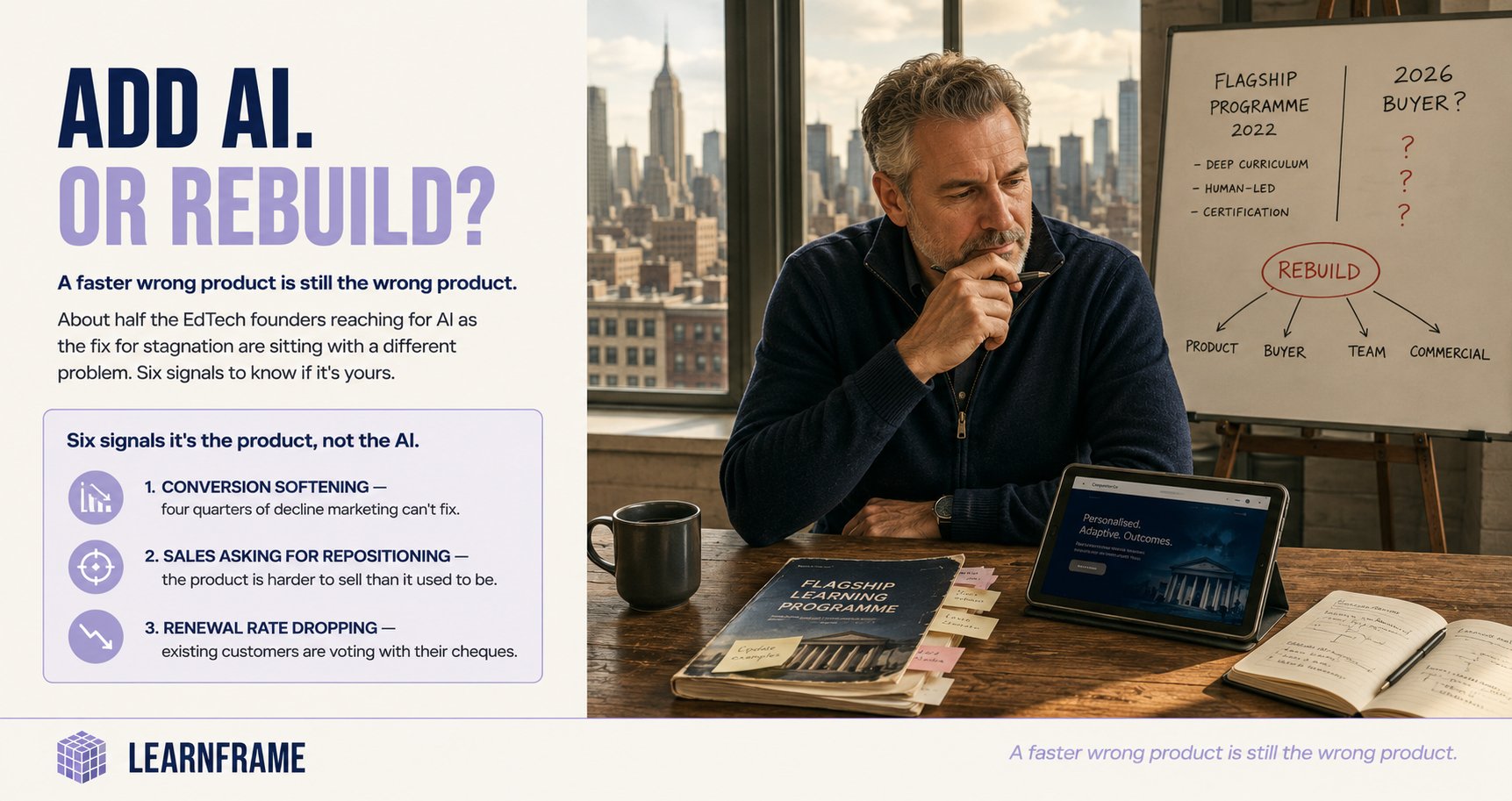 A senior EdTech founder at his desk, contemplating a worn product brochure beside a tablet showing a modern competitor — and a whiteboard asking whether to add AI or rebuild