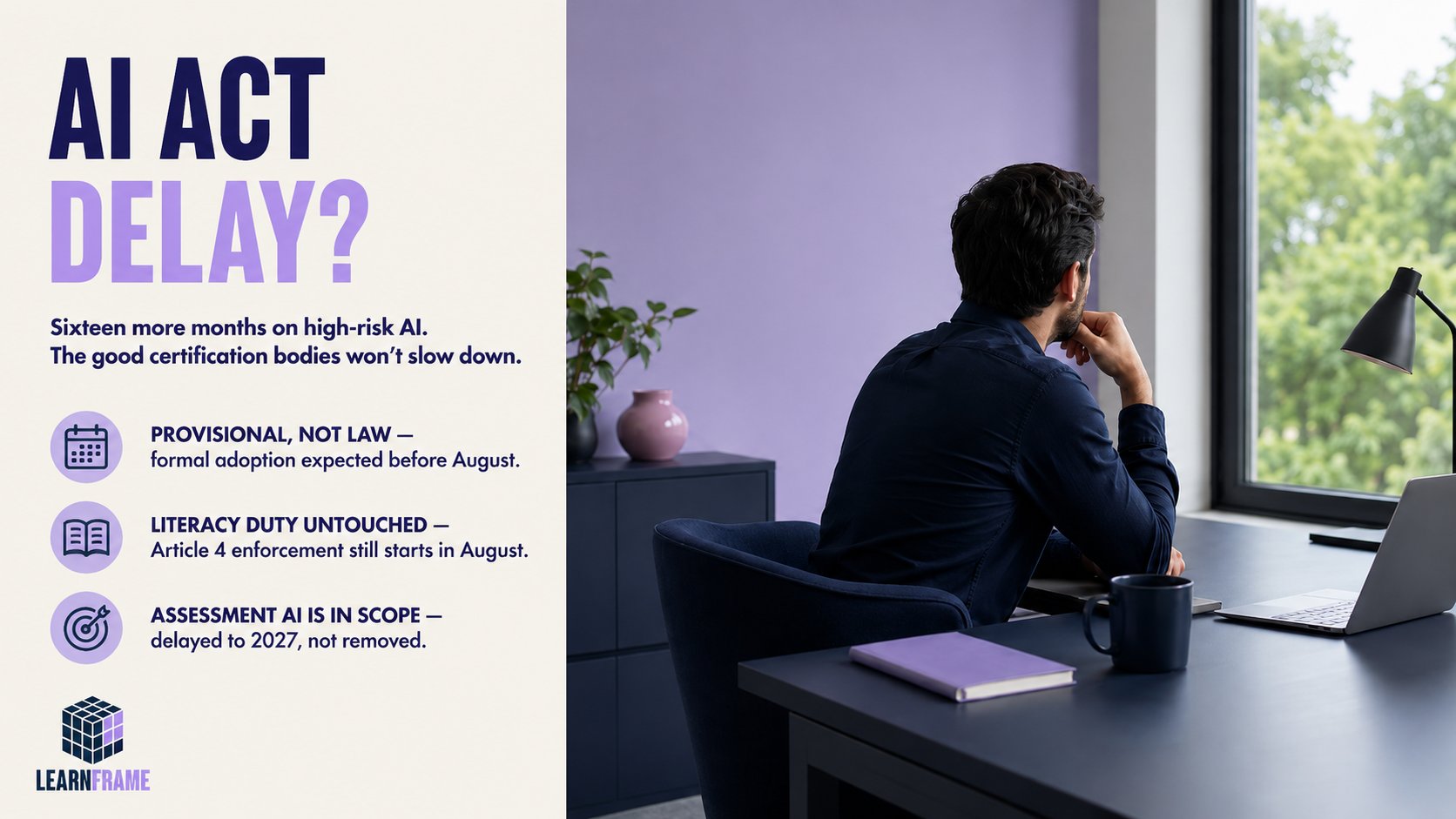 A professional seen from behind sitting at a navy desk, looking thoughtfully out a window, beside a cream panel reading 'AI Act delay?' with three points: provisional not law, the AI literacy duty untouched, and assessment AI in scope and delayed to 2027 not removed.