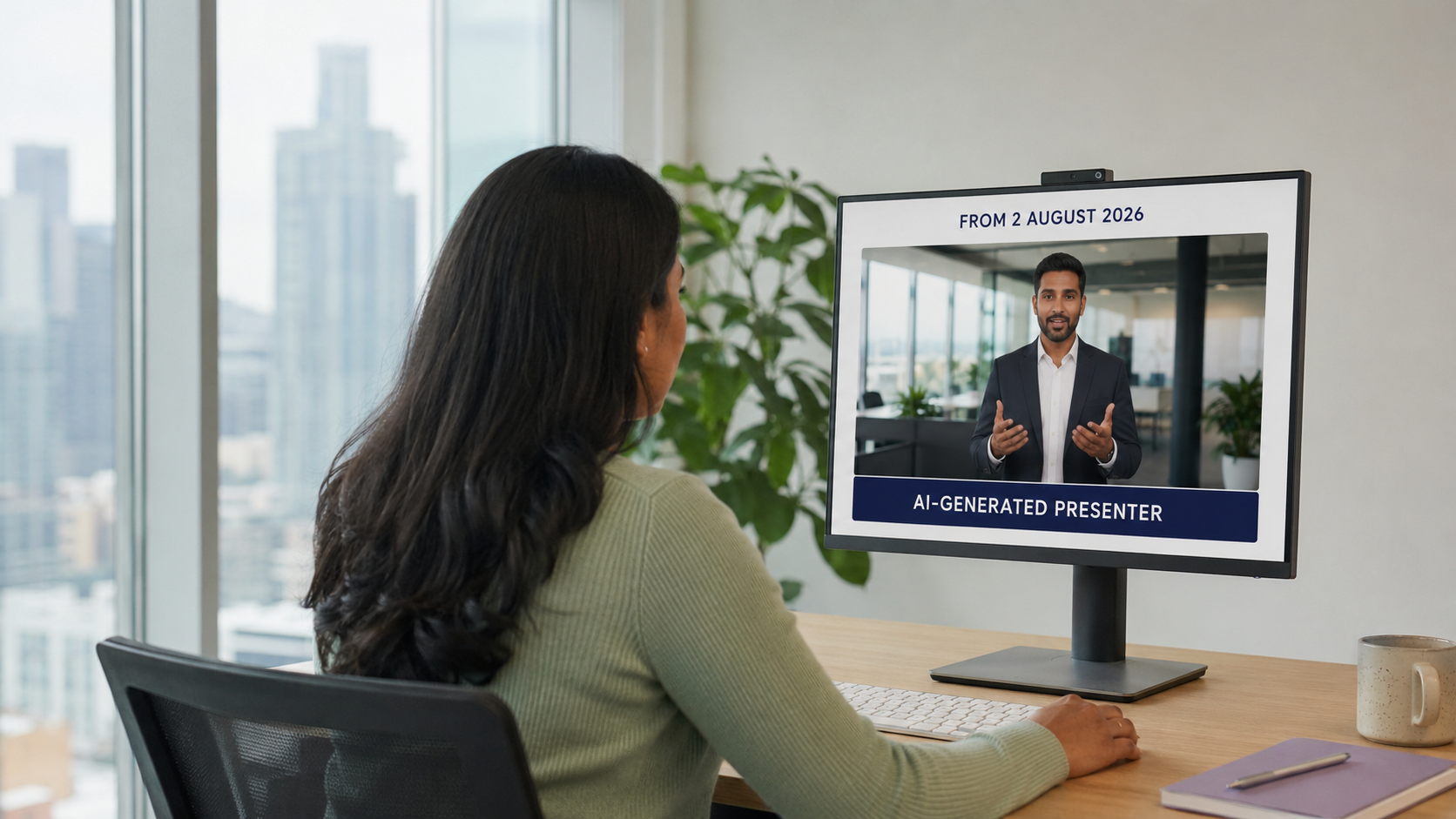 A learning professional at her desk in a bright modern office reviewing a course video player on screen, an AI-generated presenter paused mid-gesture with a clear navy disclosure bar beneath the video reading AI-generated presenter