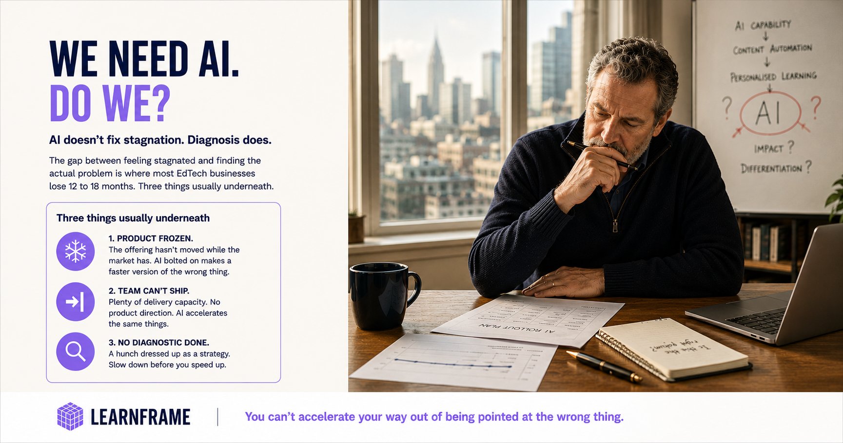 A senior business leader paused at a desk, considering a printed strategy document — the moment before a decision is made