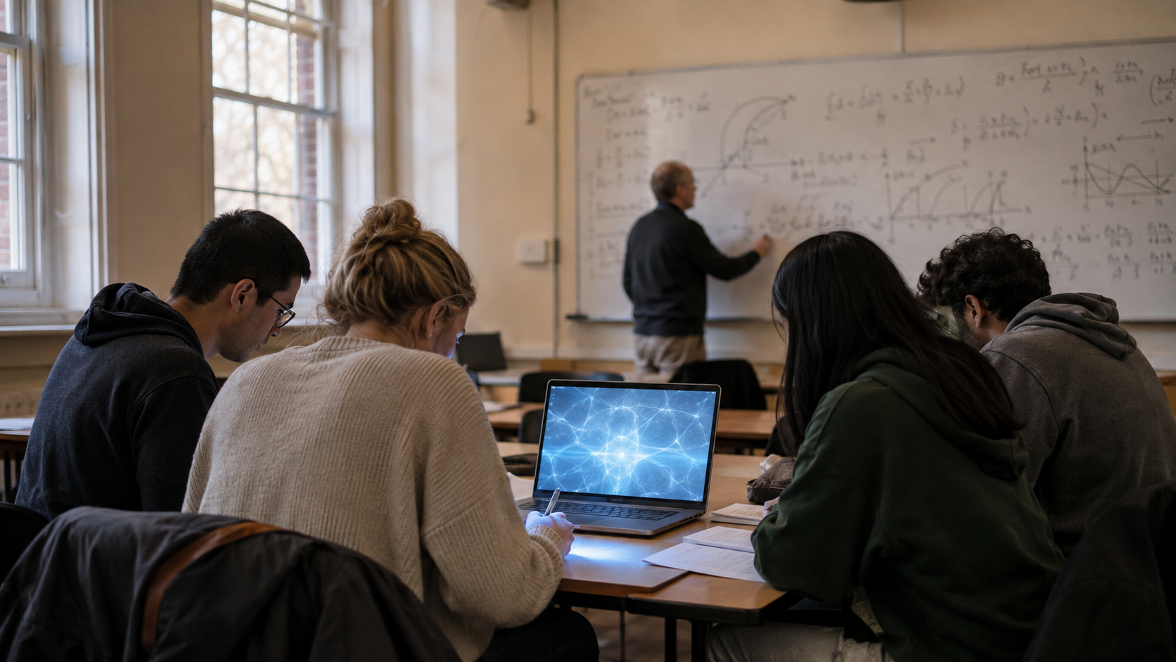 Four students at a classroom table working on paper while a laptop between them glows with an abstract blue pattern of connected light, a lecturer writing on a whiteboard in the background
