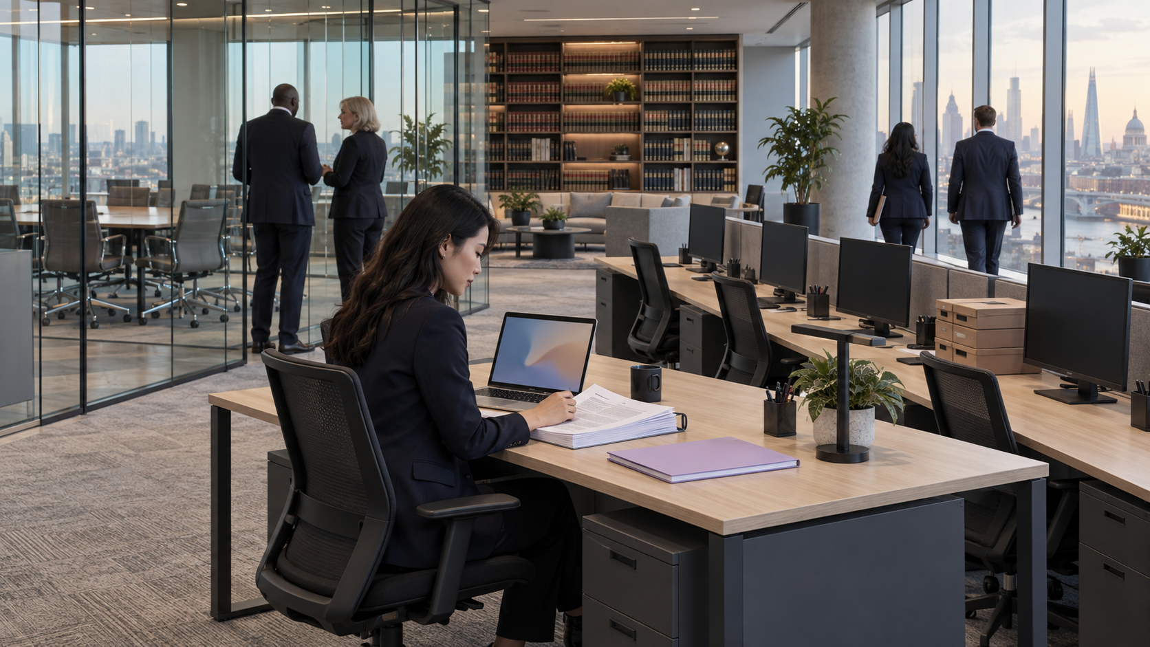 A lawyer working alone at a pale wood desk in a bright glass-walled law firm, a laptop showing only soft colour, a row of empty workstations beside her with archive boxes, colleagues in conversation and walking by the windows, a law library on the far wall