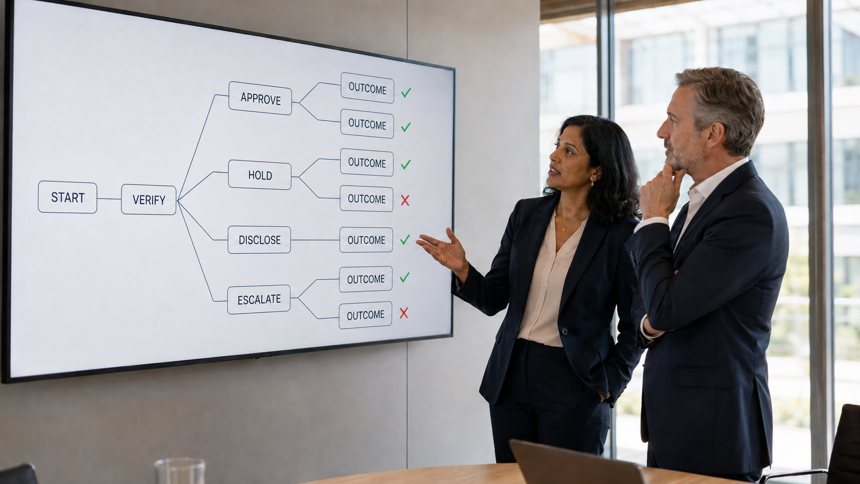 Two learning professionals in a bright modern glass-walled meeting room studying a branching decision map on a large angled screen, paths from a single start point leading to outcomes marked with ticks and crosses