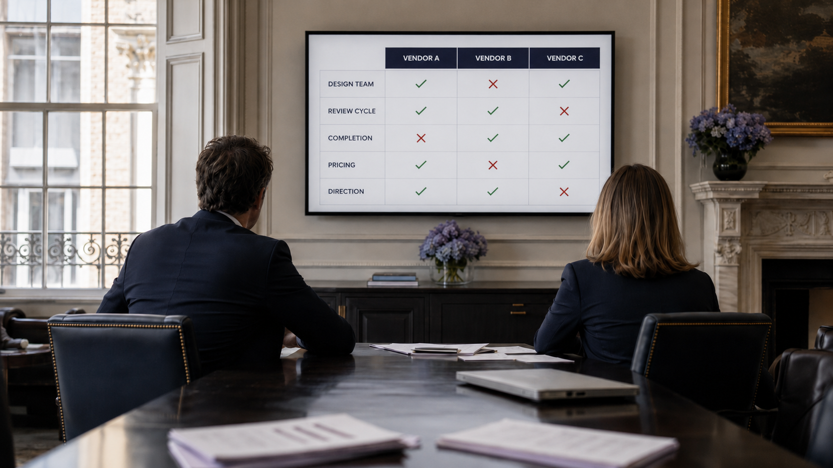 Two professionals in an elegant Georgian boardroom studying a vendor comparison grid on a wall-mounted screen — three vendor columns scored with a mix of ticks and crosses against design team, review cycle, completion, pricing and direction.
