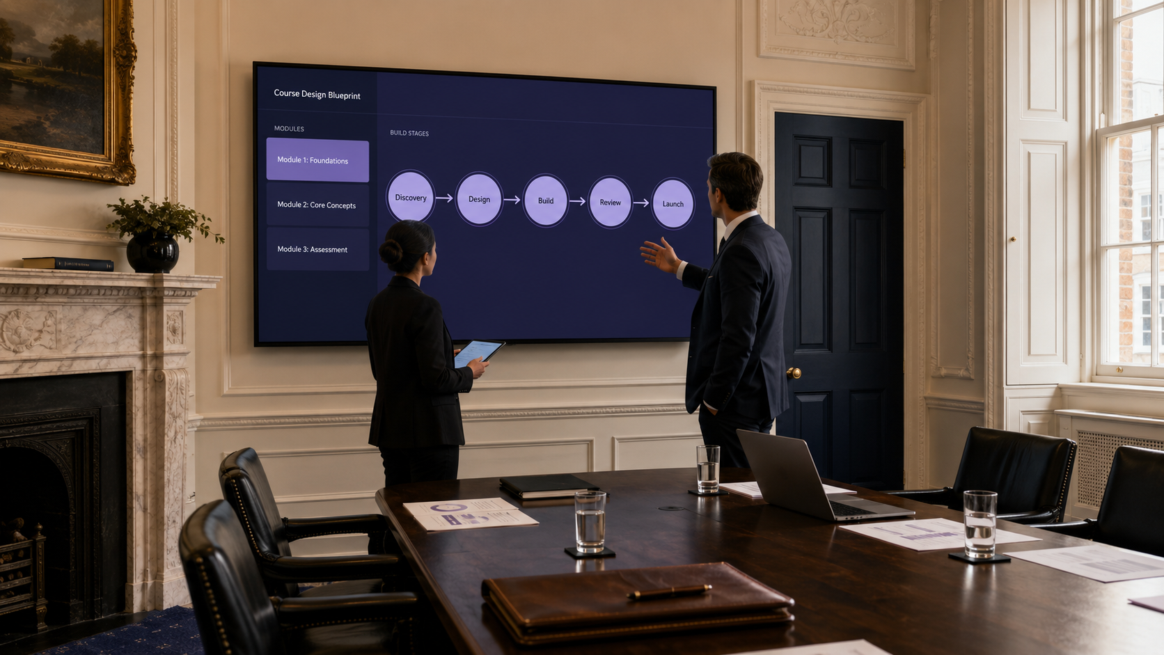 Two professionals in an elegant Georgian meeting room reviewing a course design blueprint on a wall-mounted screen — a module list and a Discovery, Design, Build, Review, Launch flow — the shape of a custom eLearning build.