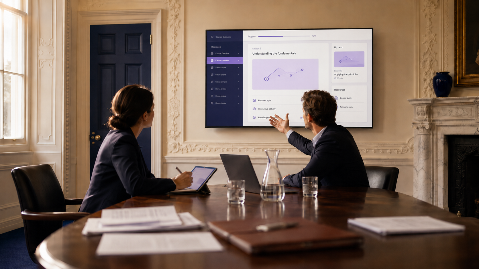 Two professionals in an elegant Georgian meeting room working through a learning programme on a wall-mounted screen showing a lesson and a progress bar — completion designed into the build, not chased after launch.