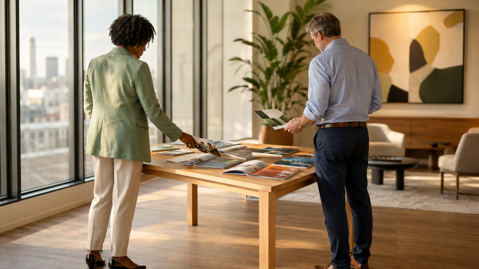 Two professionals in a bright, modern glass-walled office comparing printed learning programme brochures spread across a pale wood table, natural daylight and a city skyline behind them.