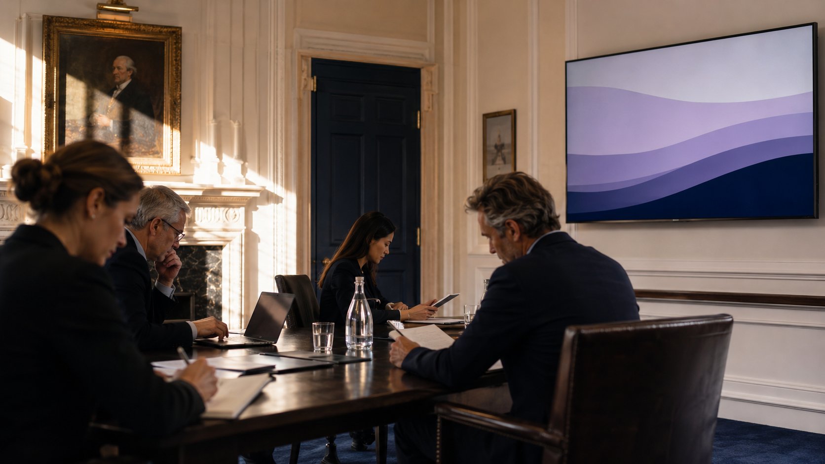 A finance-institute learning room in raking late-afternoon light; professionals working through a programme at a long boardroom table, none face-on, with a softly abstract navy-and-lavender progress visual on the wall — completion as something built into the room, not chased into it.