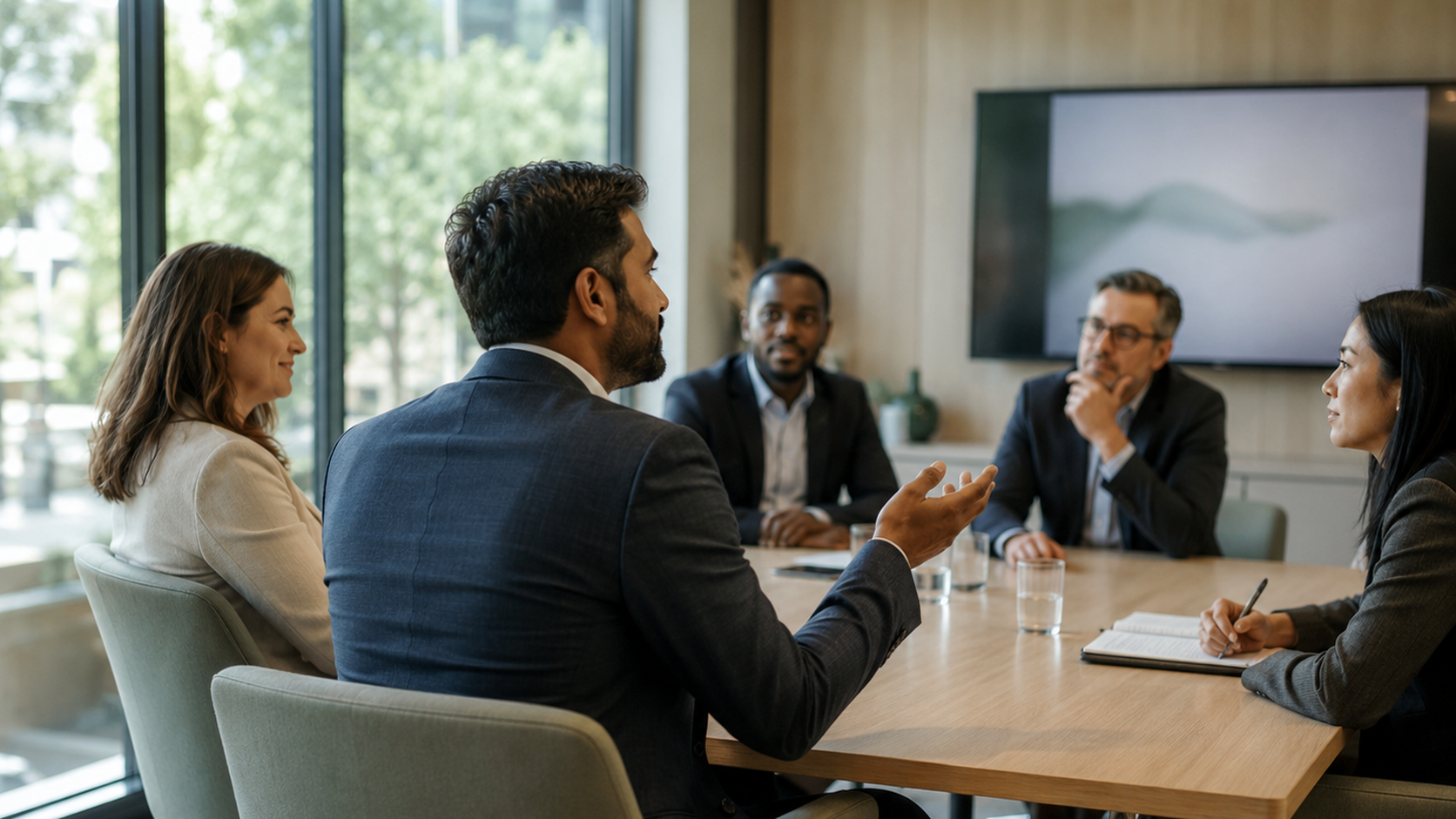 Five colleagues around a pale wood table in a bright modern boardroom with full-height glass on one side, one of them mid-sentence, a large wall display behind them showing an indistinct blurred image