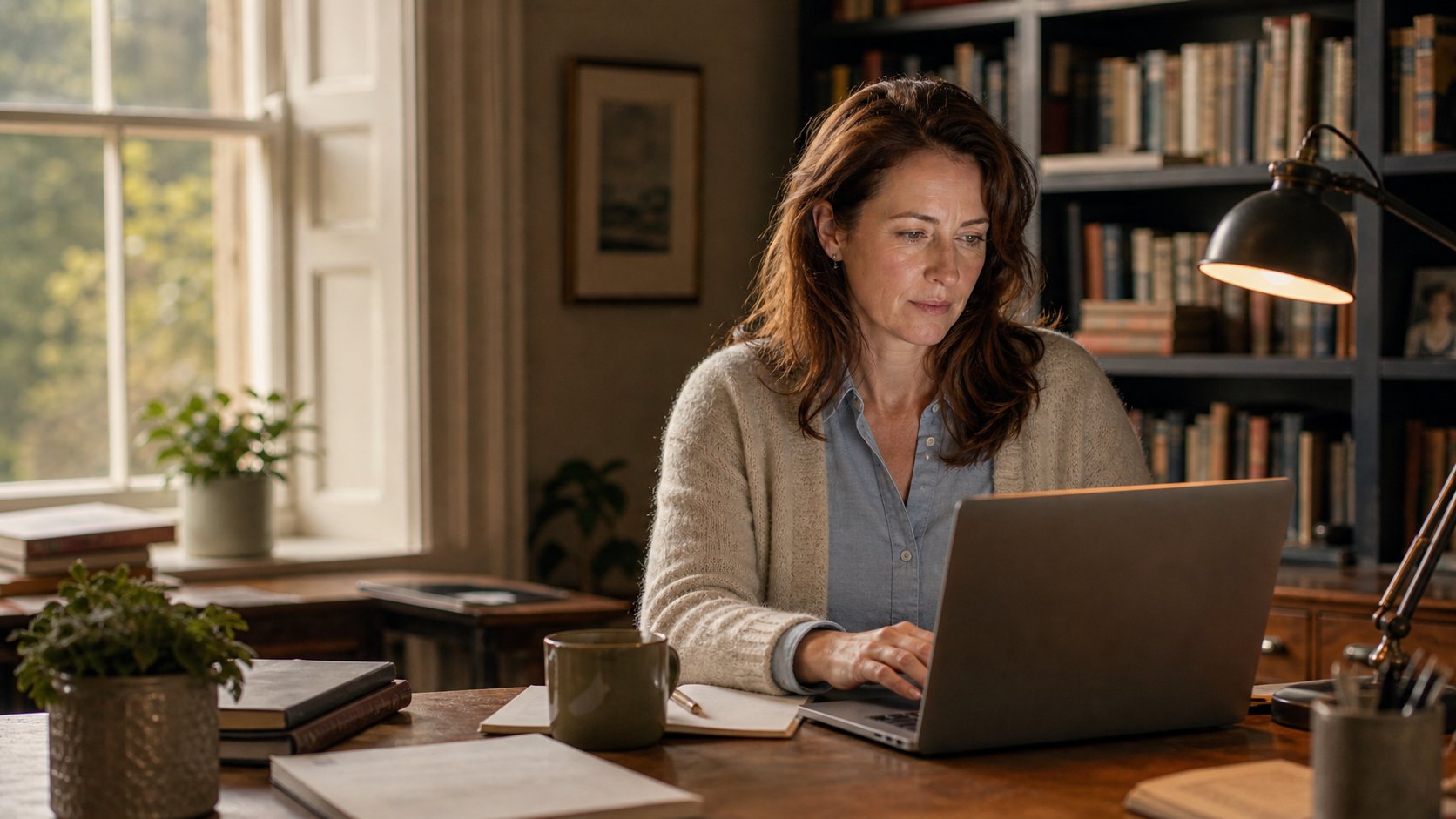 A small business owner working at a desk in a calm period office — taking ownership of marketing in-house