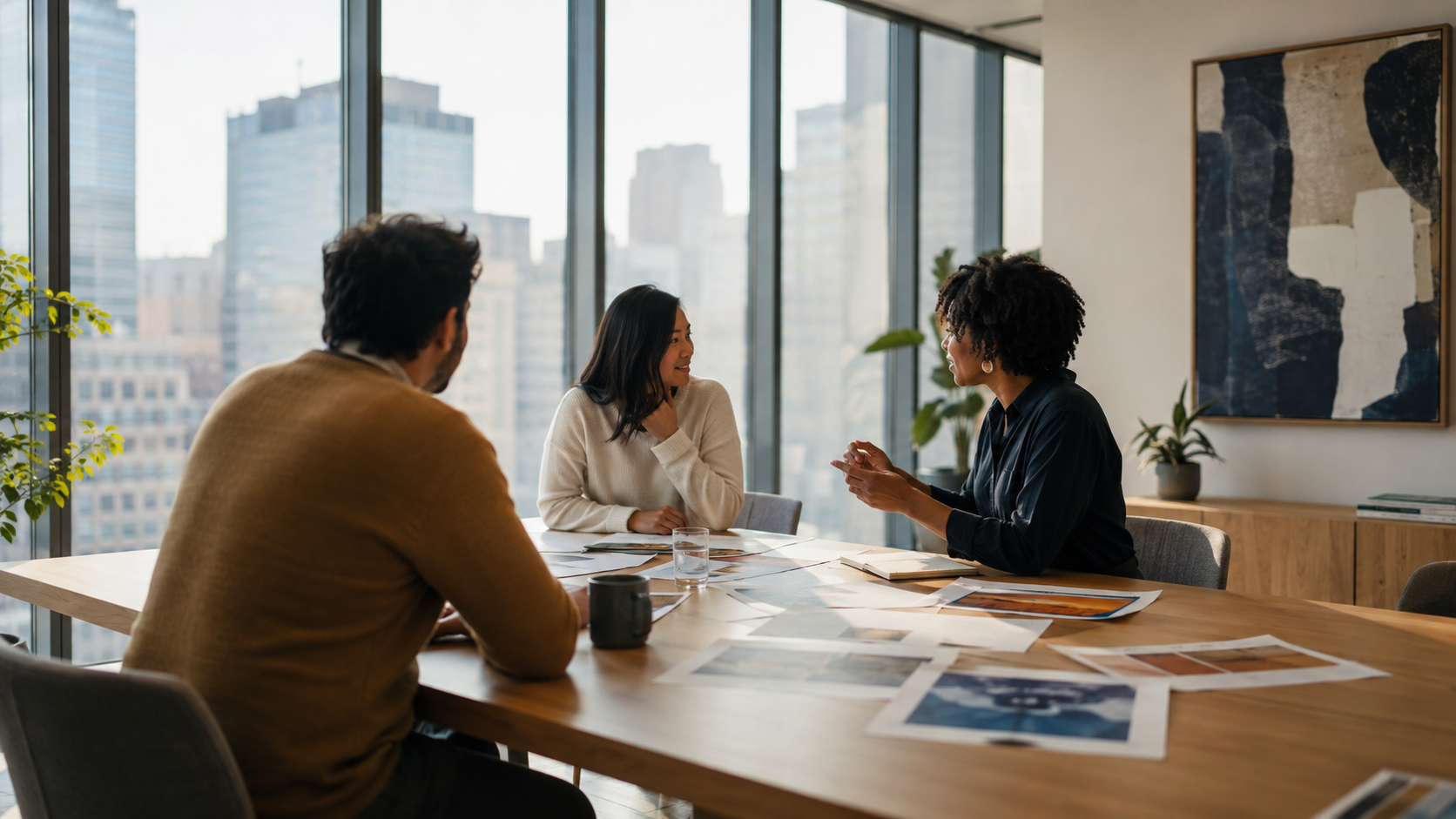 Three colleagues in a bright modern glass-walled meeting room with a city skyline behind them, discussing printed pages spread across a pale wood table
