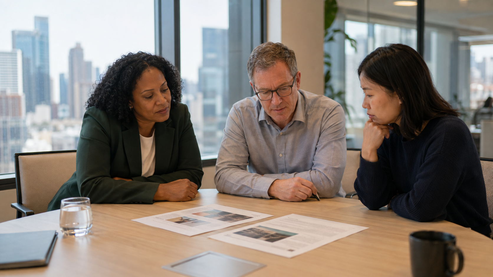 Three colleagues in a bright modern glass-walled meeting room with a city skyline behind them, studying two printed supplier quotes side by side on a pale wood table