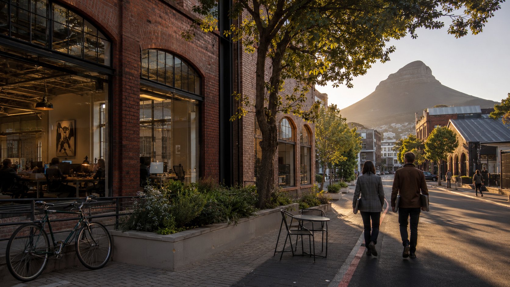 A Cape Town creative-industry district at golden hour, with Lion's Head visible in the distance