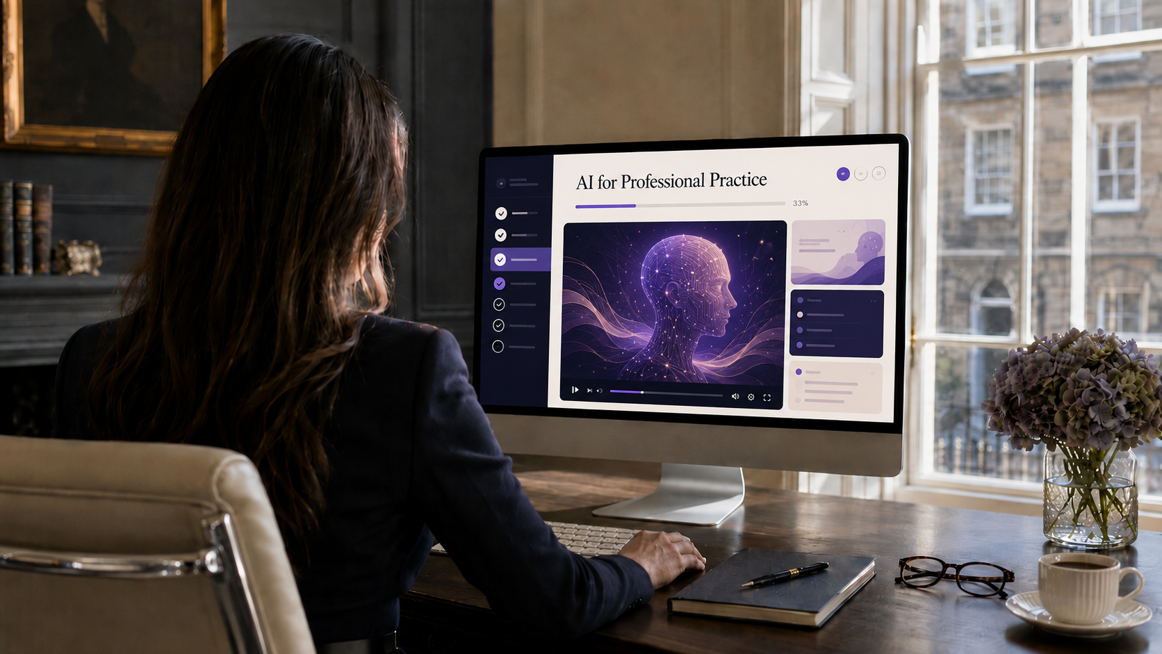 A professional at her desk taking the AI for Professional Practice course — the module screen showing a personalised path and progress bar