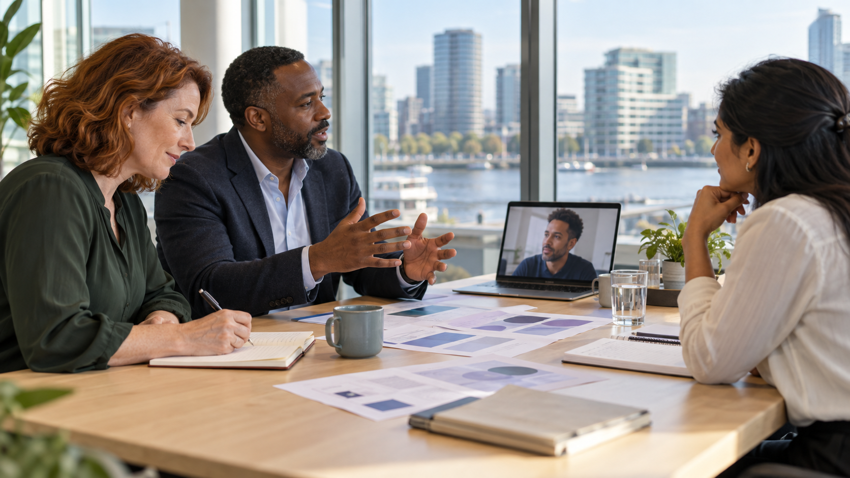 A client team in a working session at a pale wood table in a bright office overlooking a city waterfront, one colleague joining by video call