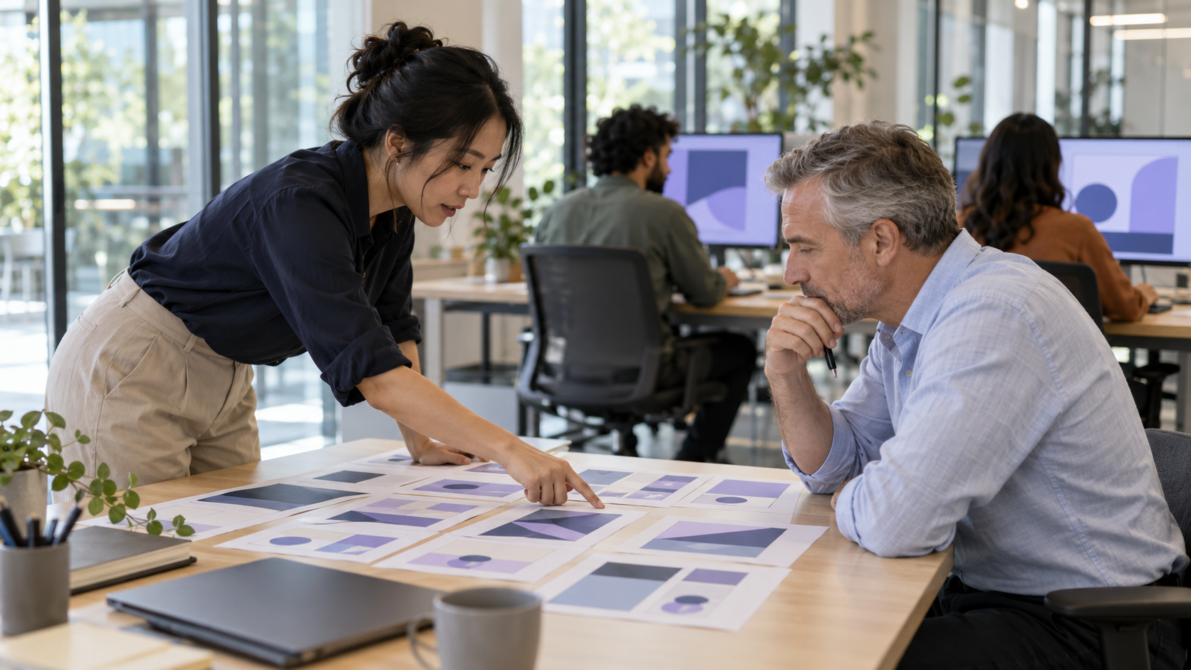 An instructional designer and a subject expert reviewing module storyboards together at a pale wood table in a bright glass-walled studio, colleagues working in the background