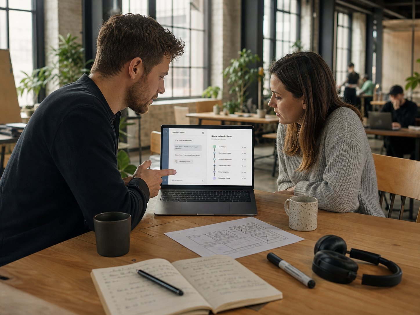 Two co-founders reviewing an AI-driven learning interface