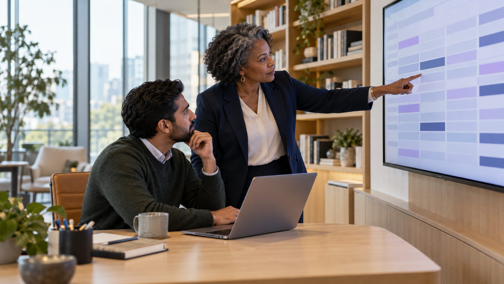 Two people at a professional body reviewing member CPD records together on a large screen in a bright glass-walled office