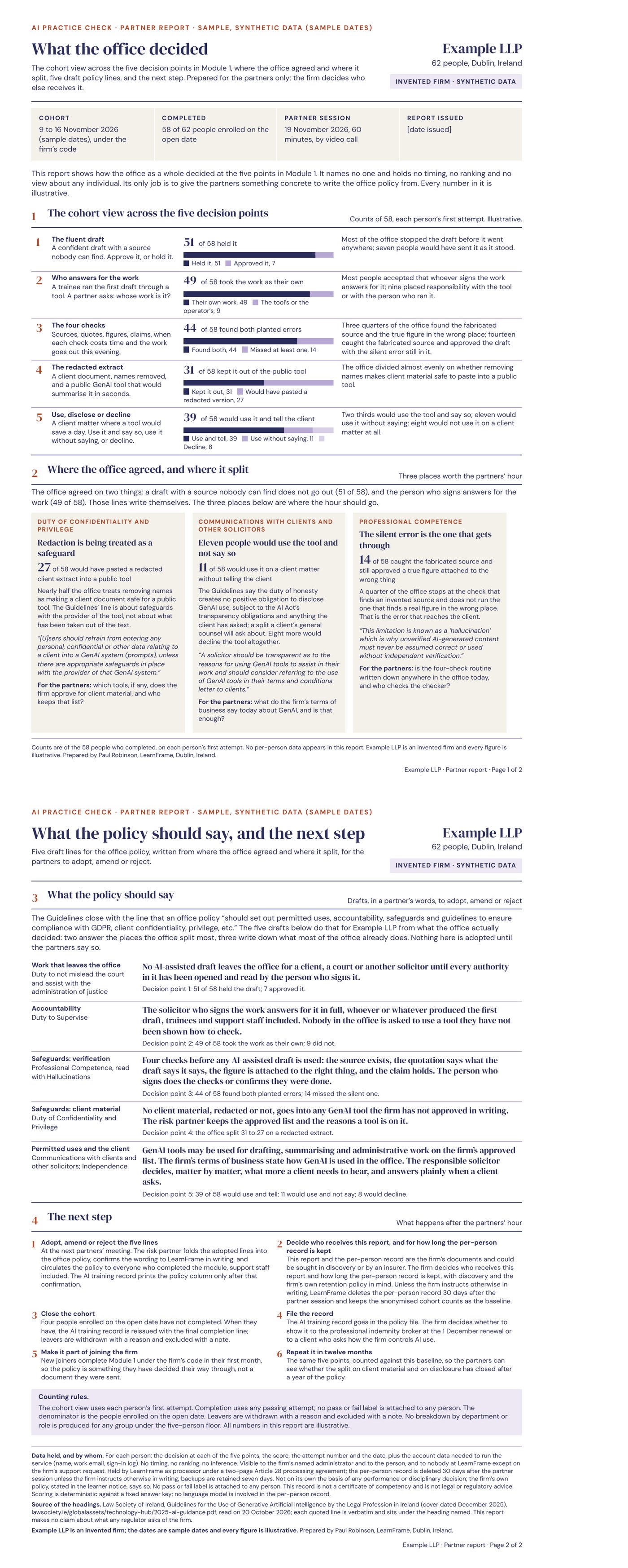 Sample two-page partner report for Example LLP, showing the cohort view across five decision points as counts, where the office split, and draft policy lines