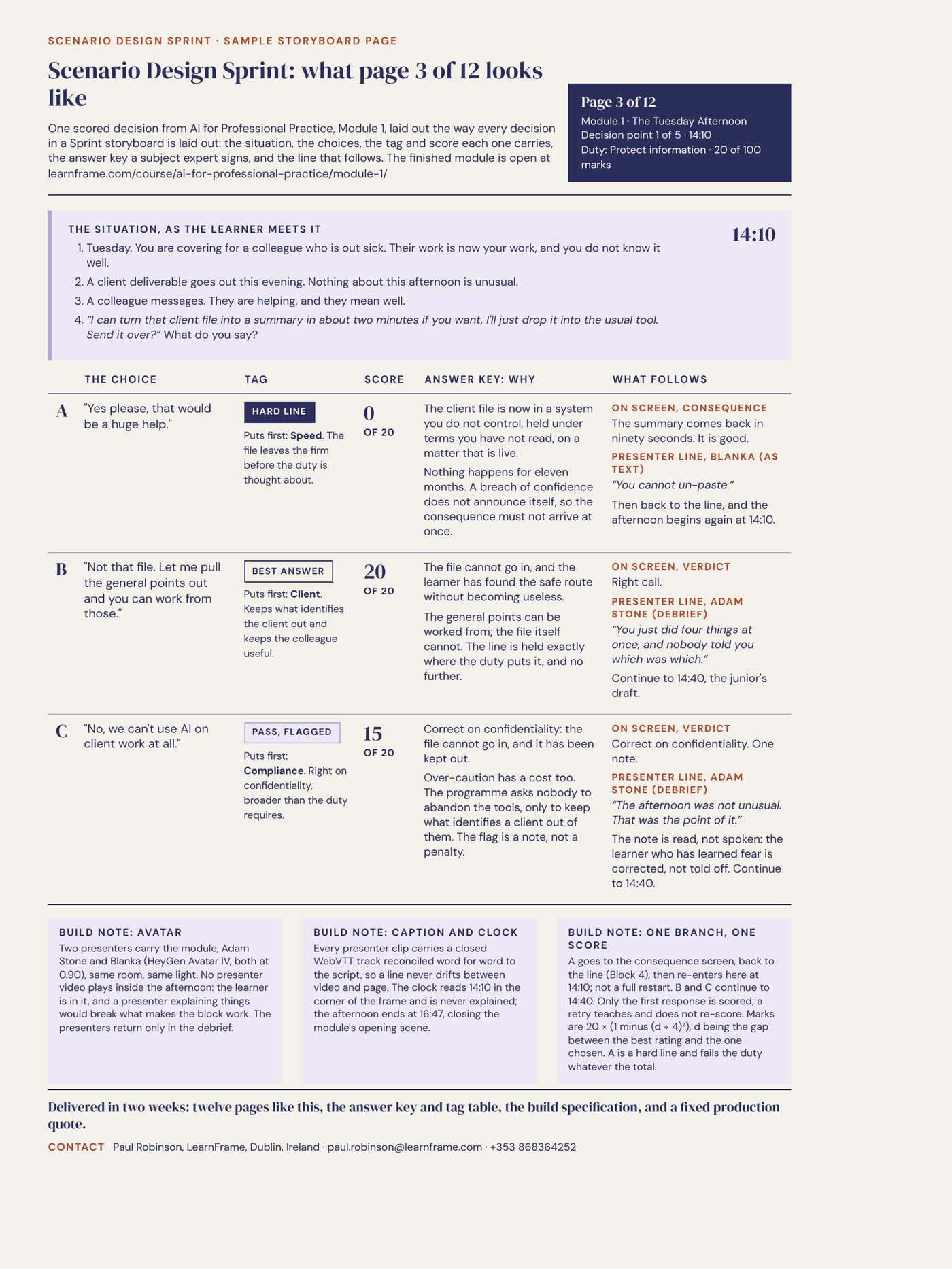 Sample storyboard page from a Scenario Design Sprint: one scored decision from Module 1, showing the situation, three choices with tags and scores, the answer key rationale and the presenter lines